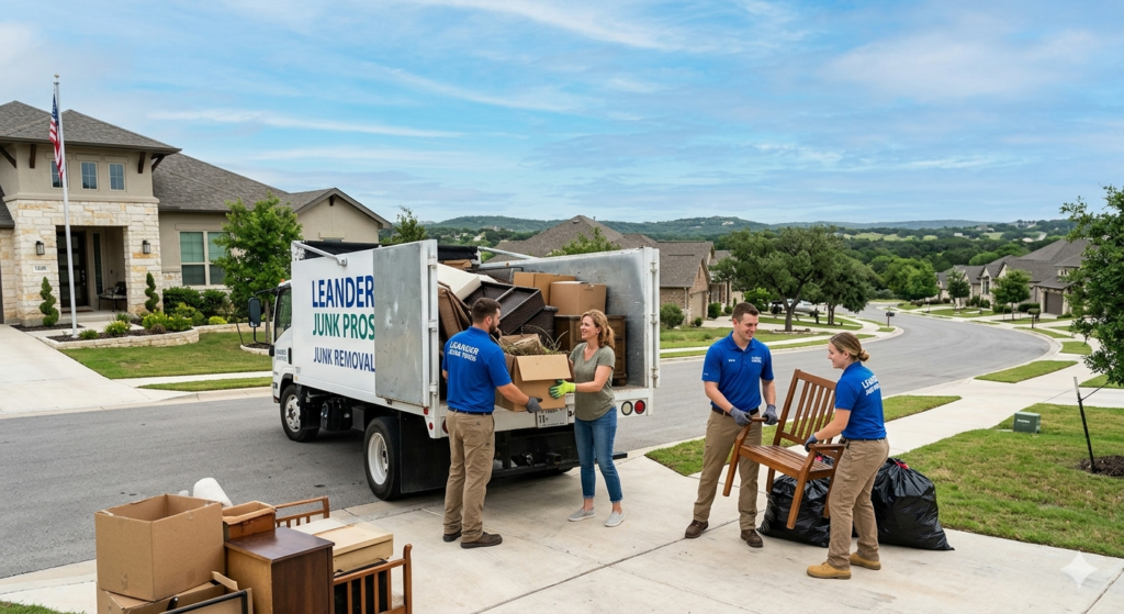Crew hauling furniture in Leander neighborhood