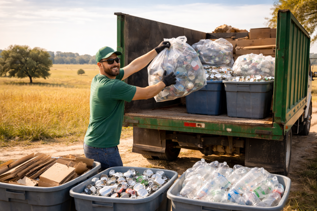 Team loading junk truck in Manor, Texas