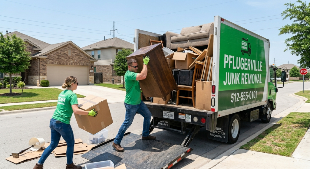 Junk removal crew assisting homeowner in Pflugerville, TX