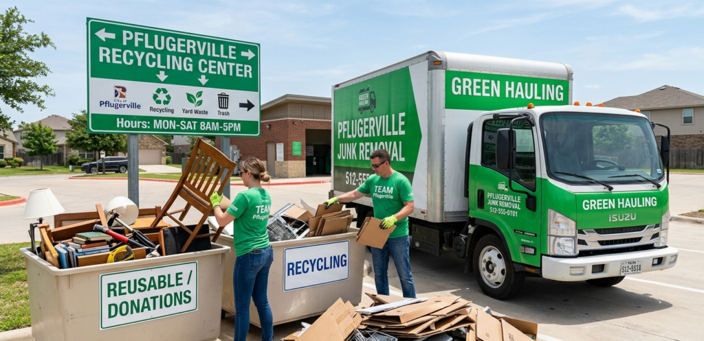 Team loading unwanted items in Pflugerville, TX driveway